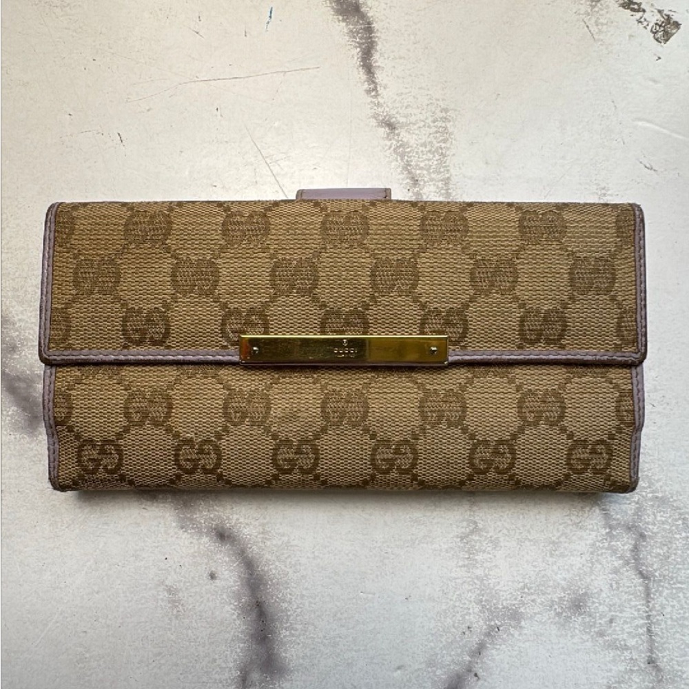 Gucci Tan Monogram Continental Wallet with Lavender Trim